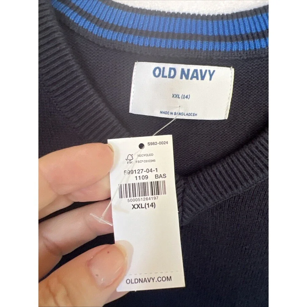 Old Navy Boys Lightweight Solid Navy Blue Cotton V-Neck Pullover Sweater XXL NWT